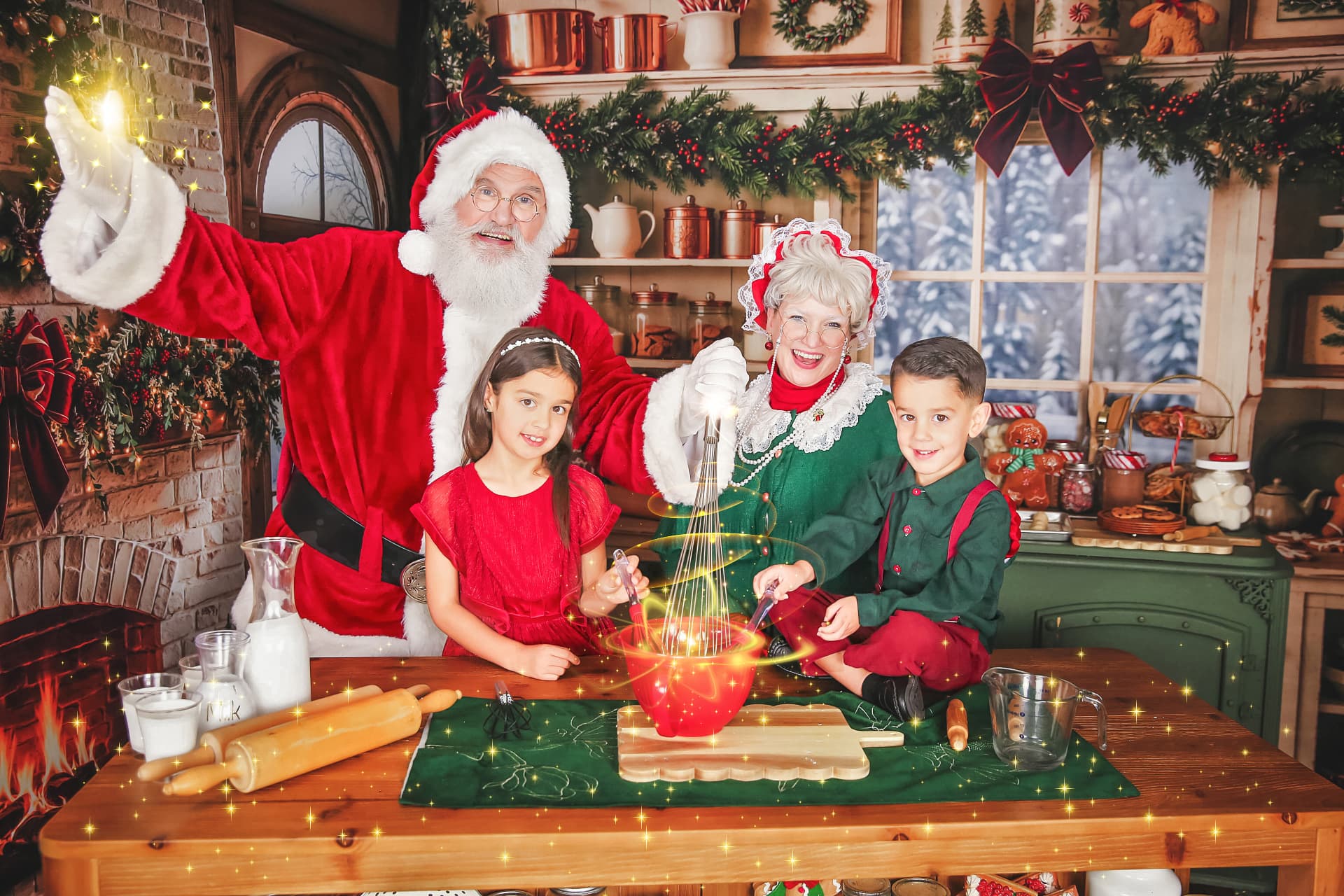 Children baking with Santa and Mrs. Claus